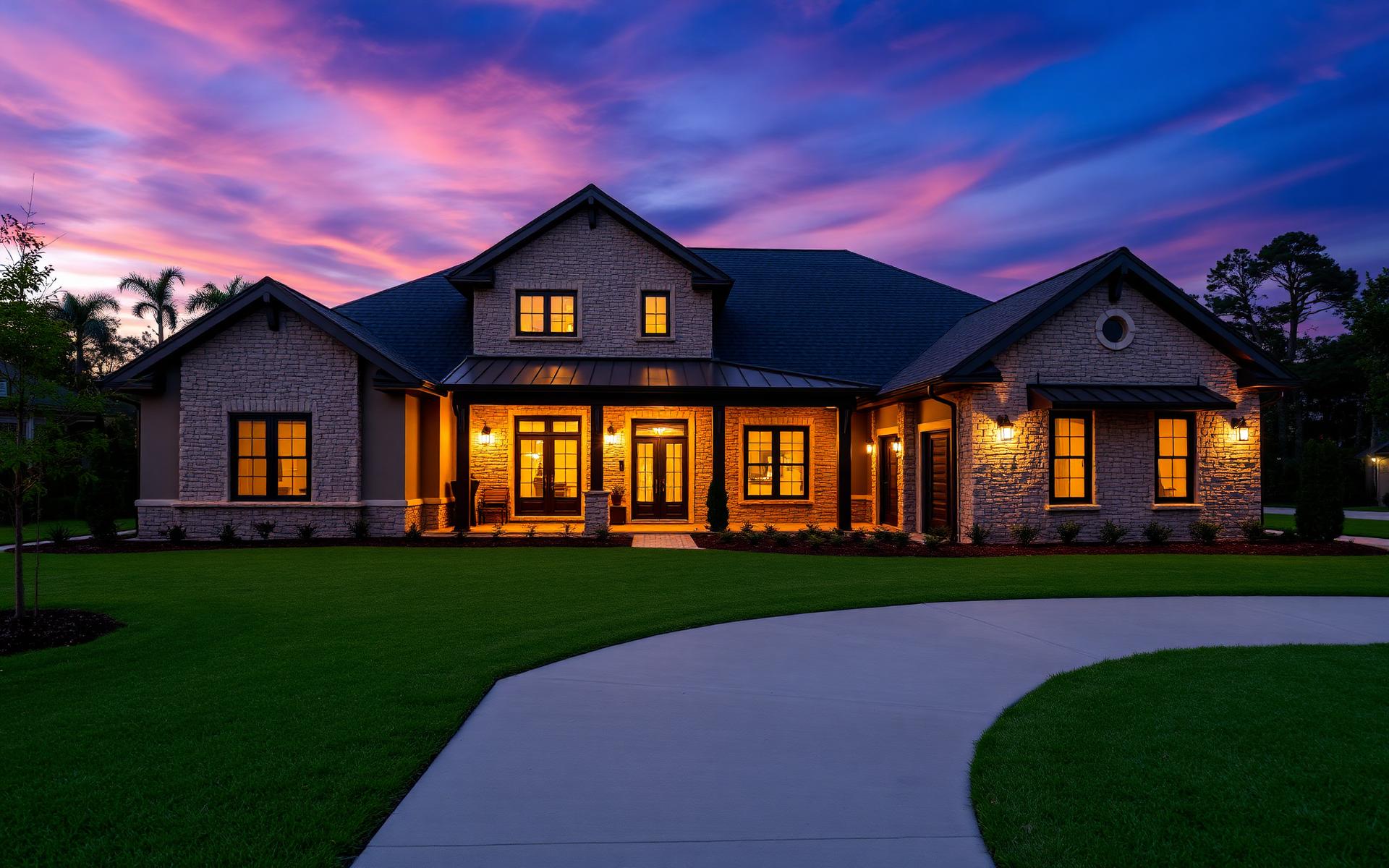 Beautiful custom-built luxury home at dusk in Wildwood, Florida
